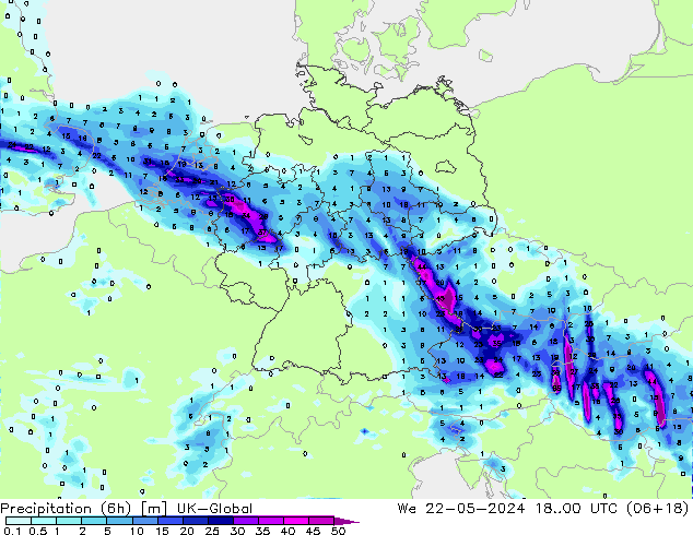 Precipitazione (6h) UK-Global mer 22.05.2024 00 UTC