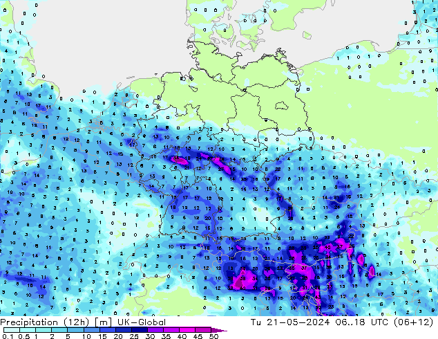 降水量 (12h) UK-Global 星期二 21.05.2024 18 UTC