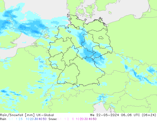 Rain/Snowfall UK-Global mer 22.05.2024 06 UTC