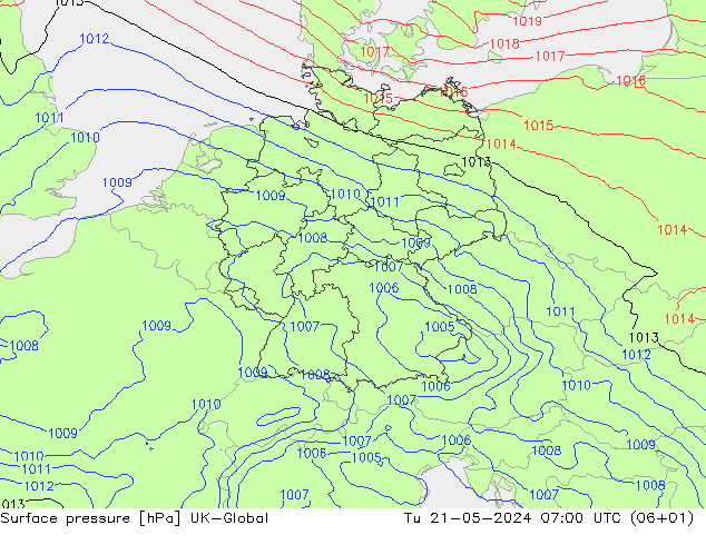 Atmosférický tlak UK-Global Út 21.05.2024 07 UTC