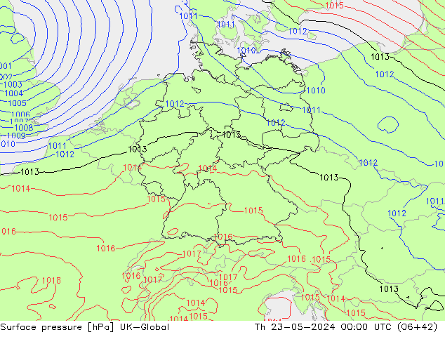 Pressione al suolo UK-Global gio 23.05.2024 00 UTC