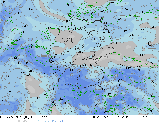 Humidité rel. 700 hPa UK-Global mar 21.05.2024 07 UTC