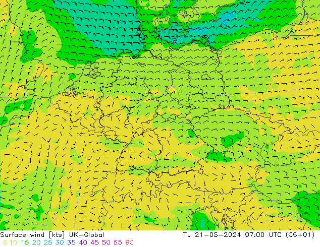Surface wind UK-Global Tu 21.05.2024 07 UTC