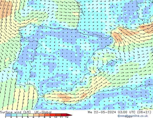 Surface wind (bft) UK-Global St 22.05.2024 03 UTC
