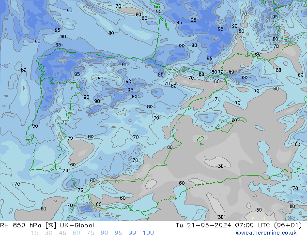 Humedad rel. 850hPa UK-Global mar 21.05.2024 07 UTC
