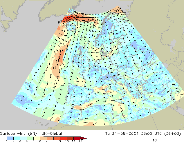 Vento 10 m (bft) UK-Global mar 21.05.2024 09 UTC