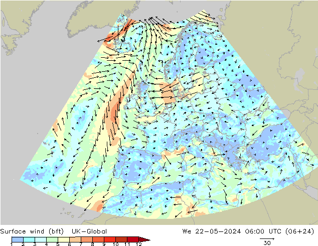 Vent 10 m (bft) UK-Global mer 22.05.2024 06 UTC