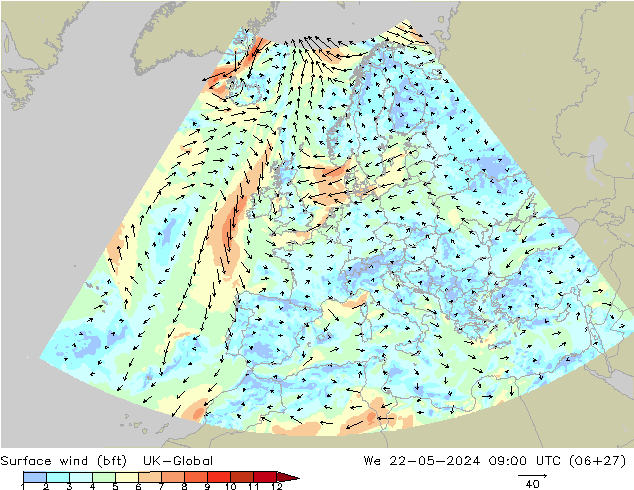 Surface wind (bft) UK-Global St 22.05.2024 09 UTC