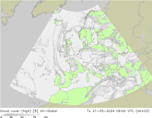 Cloud cover (high) UK-Global Tu 21.05.2024 09 UTC