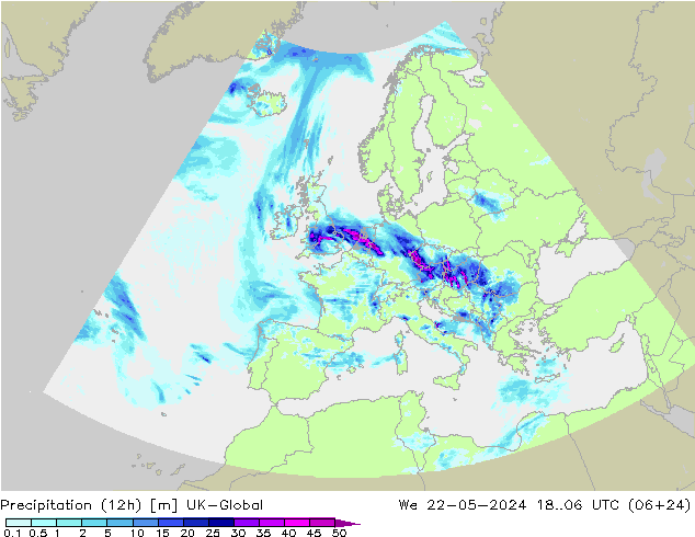 Precipitazione (12h) UK-Global mer 22.05.2024 06 UTC