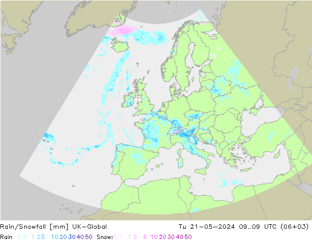 Rain/Snowfall UK-Global Út 21.05.2024 09 UTC
