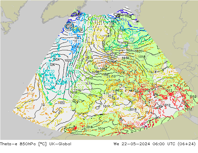 Theta-e 850hPa UK-Global mié 22.05.2024 06 UTC