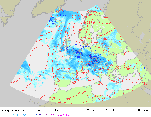 Precipitation accum. UK-Global  22.05.2024 06 UTC