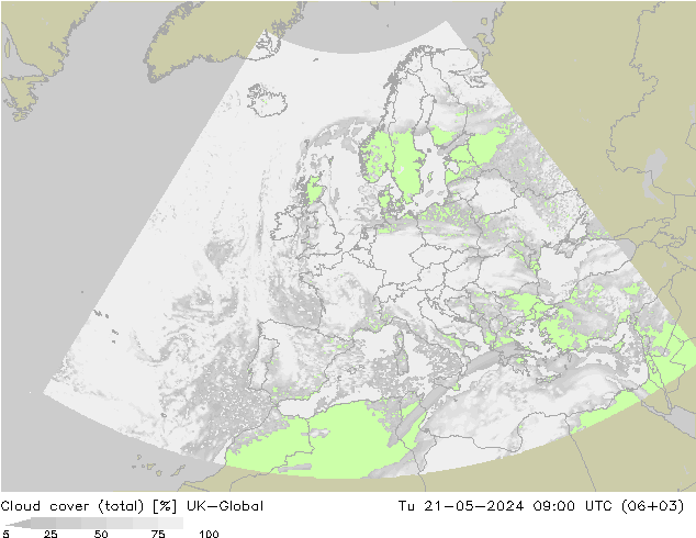 Nubes (total) UK-Global mar 21.05.2024 09 UTC