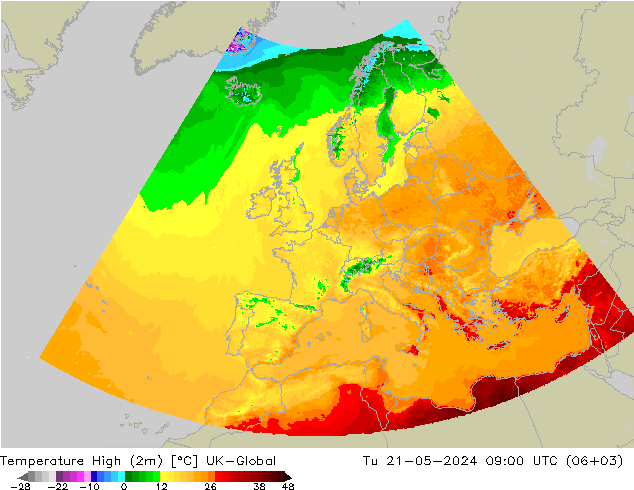 temperatura máx. (2m) UK-Global Ter 21.05.2024 09 UTC