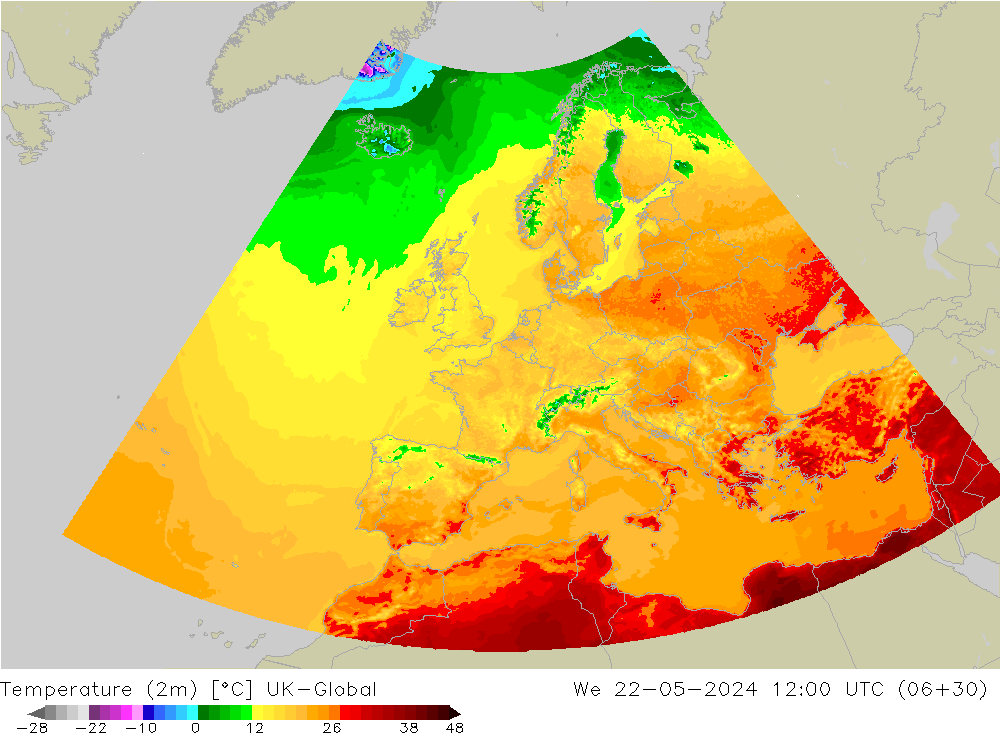 Temperatura (2m) UK-Global Qua 22.05.2024 12 UTC