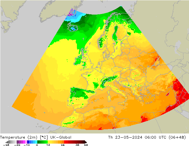 Temperature (2m) UK-Global Th 23.05.2024 06 UTC