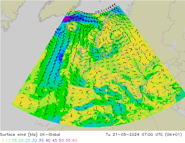 ветер 10 m UK-Global вт 21.05.2024 07 UTC