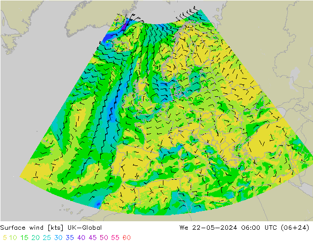 Surface wind UK-Global We 22.05.2024 06 UTC