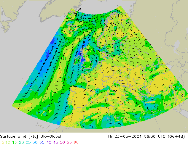 Surface wind UK-Global Th 23.05.2024 06 UTC