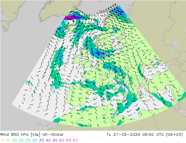 Wind 850 hPa UK-Global Út 21.05.2024 09 UTC