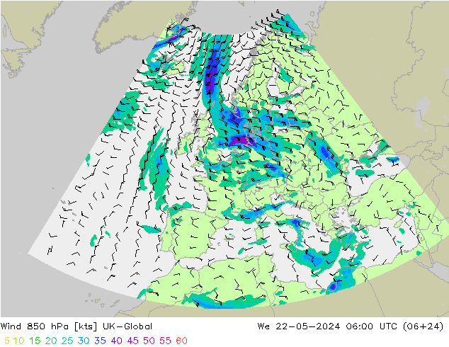 wiatr 850 hPa UK-Global śro. 22.05.2024 06 UTC