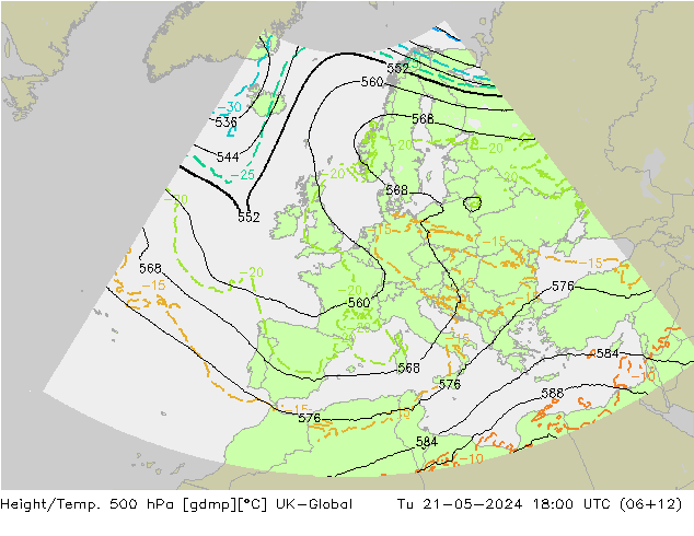 Height/Temp. 500 hPa UK-Global Út 21.05.2024 18 UTC
