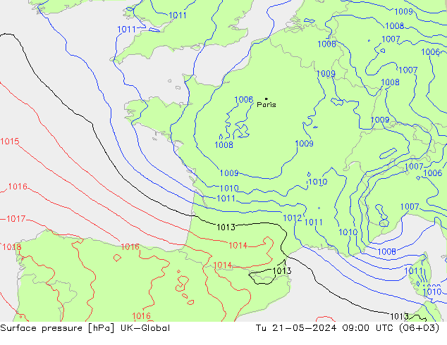 Atmosférický tlak UK-Global Út 21.05.2024 09 UTC