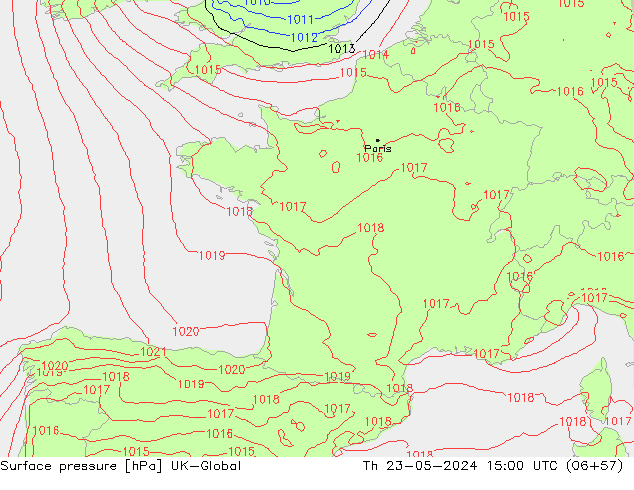 Atmosférický tlak UK-Global Čt 23.05.2024 15 UTC