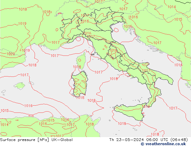 Presión superficial UK-Global jue 23.05.2024 06 UTC