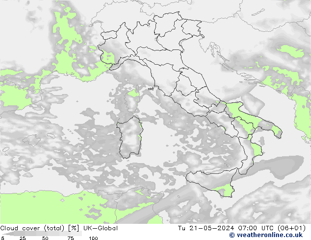 Cloud cover (total) UK-Global Tu 21.05.2024 07 UTC