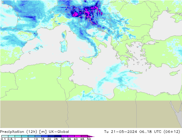 Precipitation (12h) UK-Global Tu 21.05.2024 18 UTC