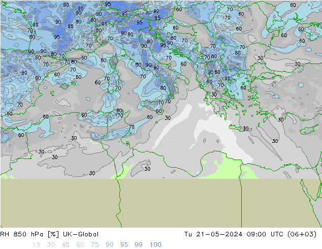 Humidité rel. 850 hPa UK-Global mar 21.05.2024 09 UTC