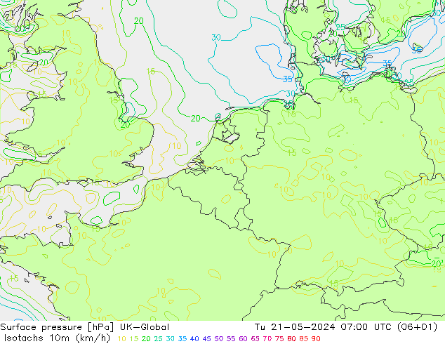 Isotachen (km/h) UK-Global Di 21.05.2024 07 UTC