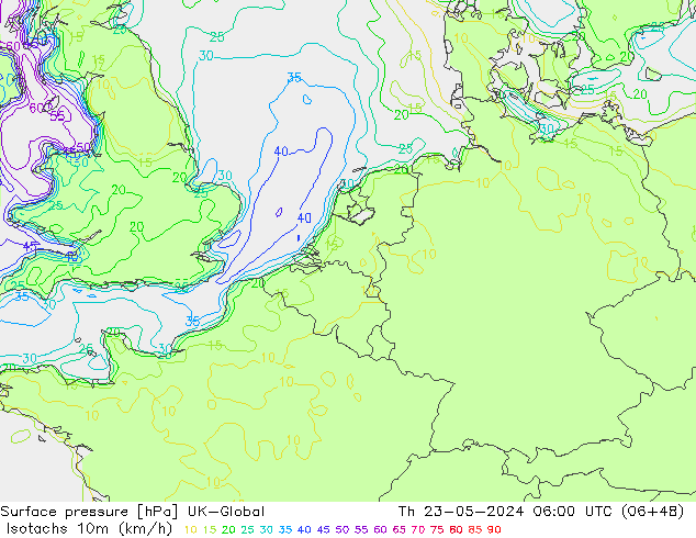 Isotachen (km/h) UK-Global do 23.05.2024 06 UTC