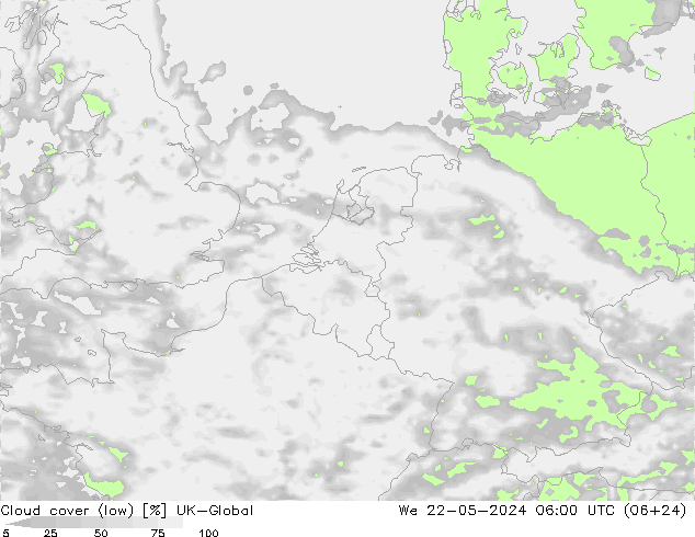 Cloud cover (low) UK-Global We 22.05.2024 06 UTC