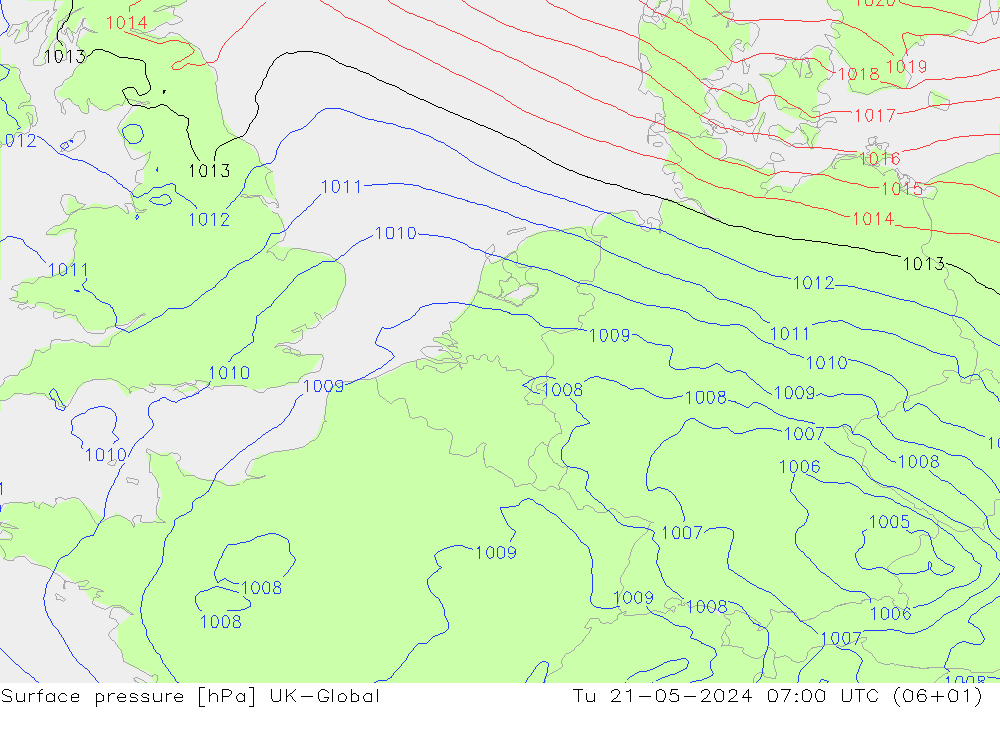 Surface pressure UK-Global Tu 21.05.2024 07 UTC
