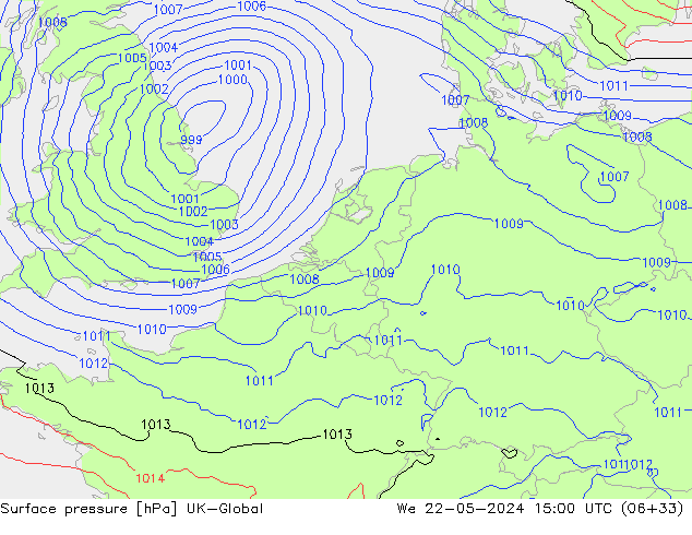 Presión superficial UK-Global mié 22.05.2024 15 UTC