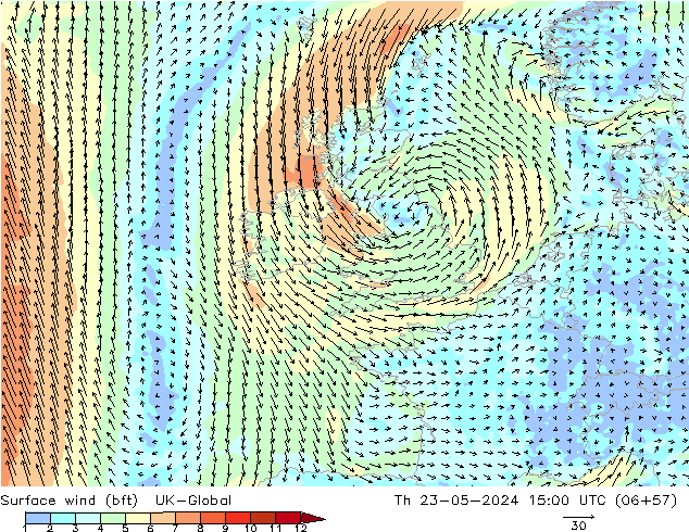 Surface wind (bft) UK-Global Th 23.05.2024 15 UTC