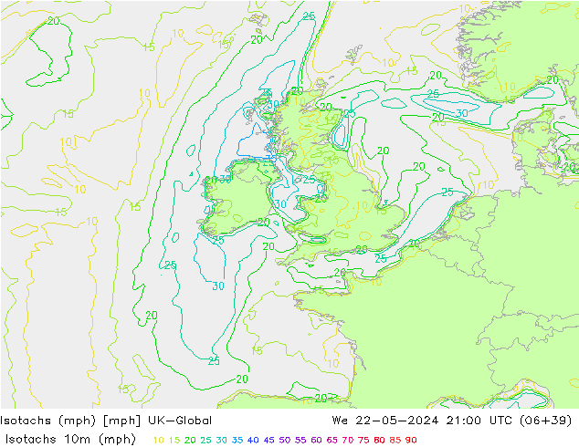 Isotachen (mph) UK-Global wo 22.05.2024 21 UTC