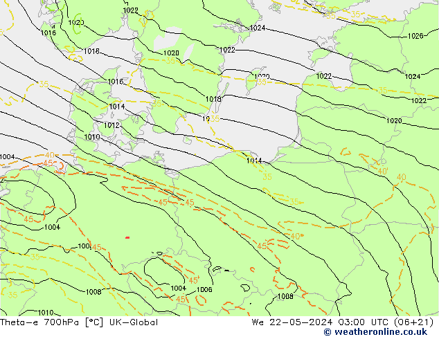 Theta-e 700hPa UK-Global Çar 22.05.2024 03 UTC