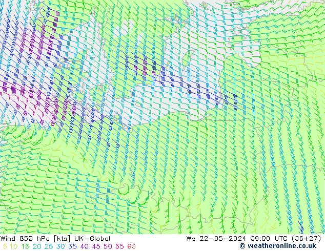 Wind 850 hPa UK-Global We 22.05.2024 09 UTC