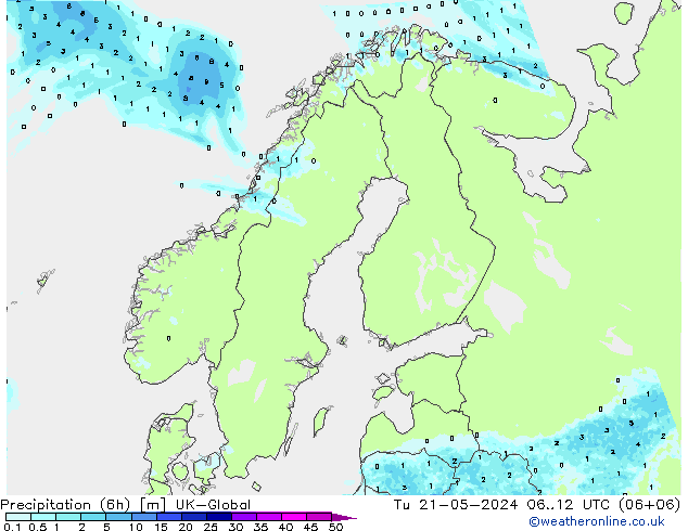 降水量 (6h) UK-Global 星期二 21.05.2024 12 UTC