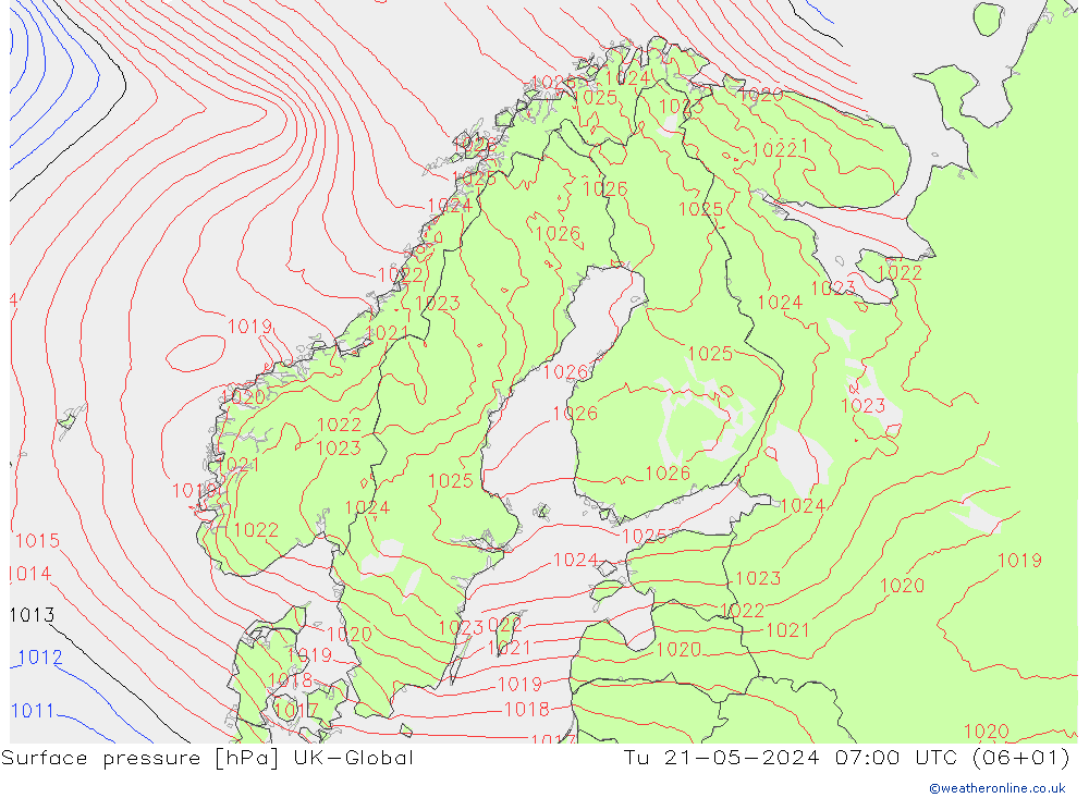 地面气压 UK-Global 星期二 21.05.2024 07 UTC