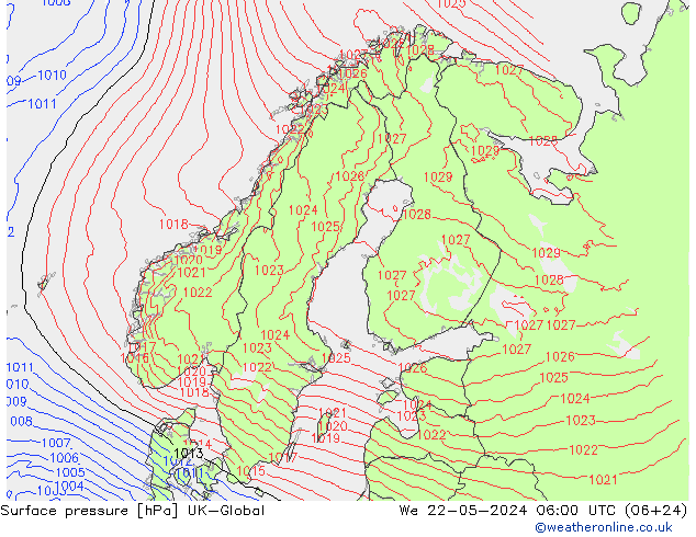 Pressione al suolo UK-Global mer 22.05.2024 06 UTC