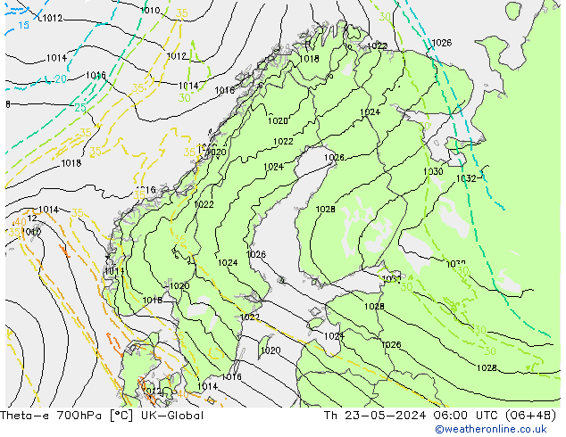 Theta-e 700hPa UK-Global gio 23.05.2024 06 UTC