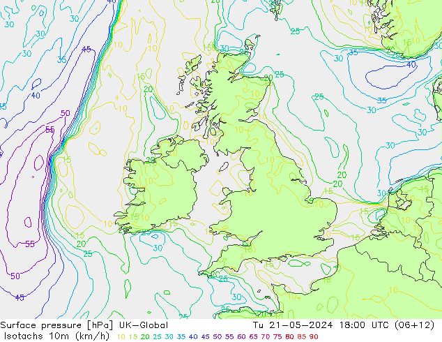 Isotachs (kph) UK-Global Tu 21.05.2024 18 UTC