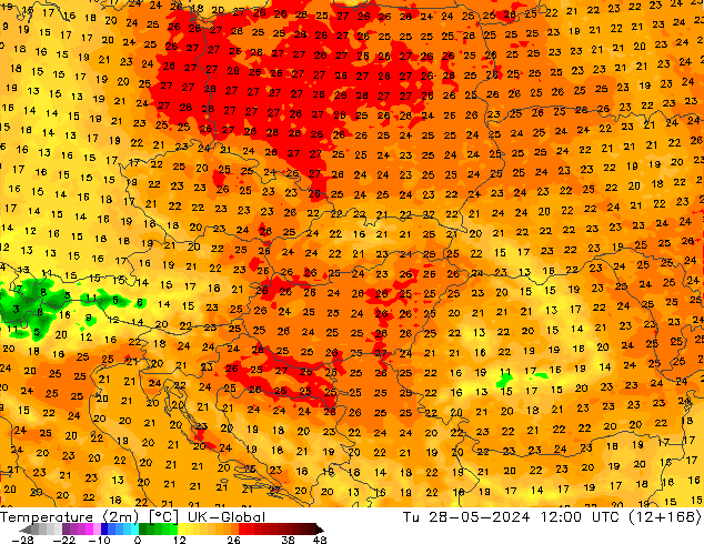 Temperaturkarte (2m) UK-Global Di 28.05.2024 12 UTC