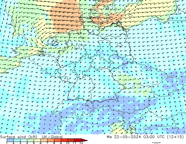 Surface wind (bft) UK-Global We 22.05.2024 03 UTC