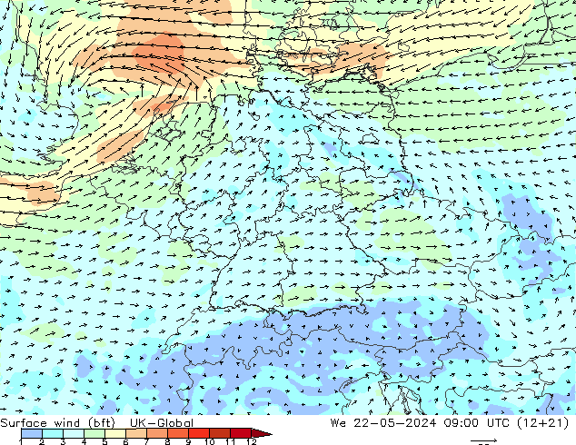 Surface wind (bft) UK-Global We 22.05.2024 09 UTC